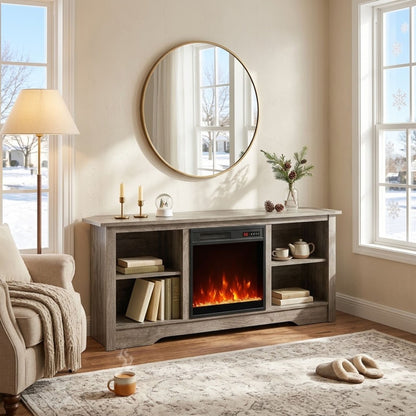 TV Stand and Electric Fireplace Set with Adjustable Flame Effects-Grey