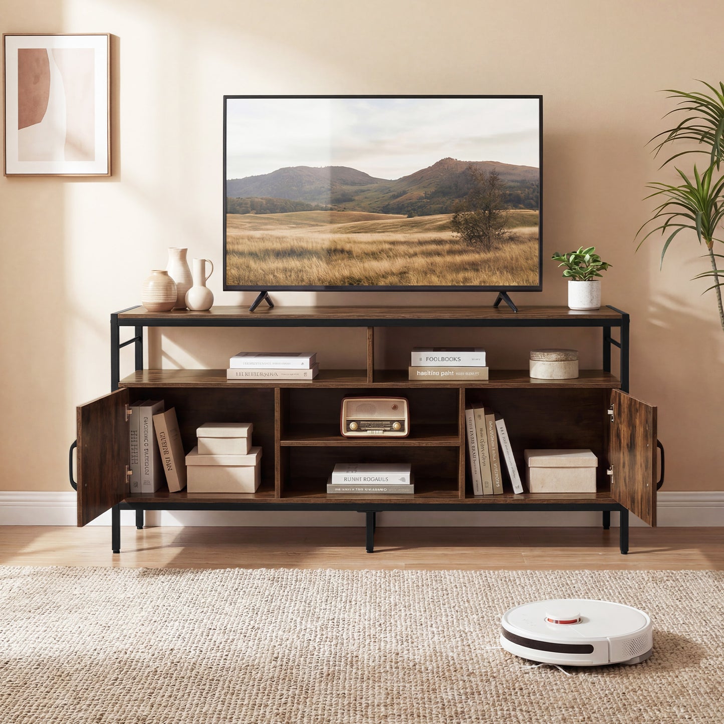 TV Stand for TVs up to 147 cm with 2 Storage Cabinets and 4 Open Shelves-Rustic Brown