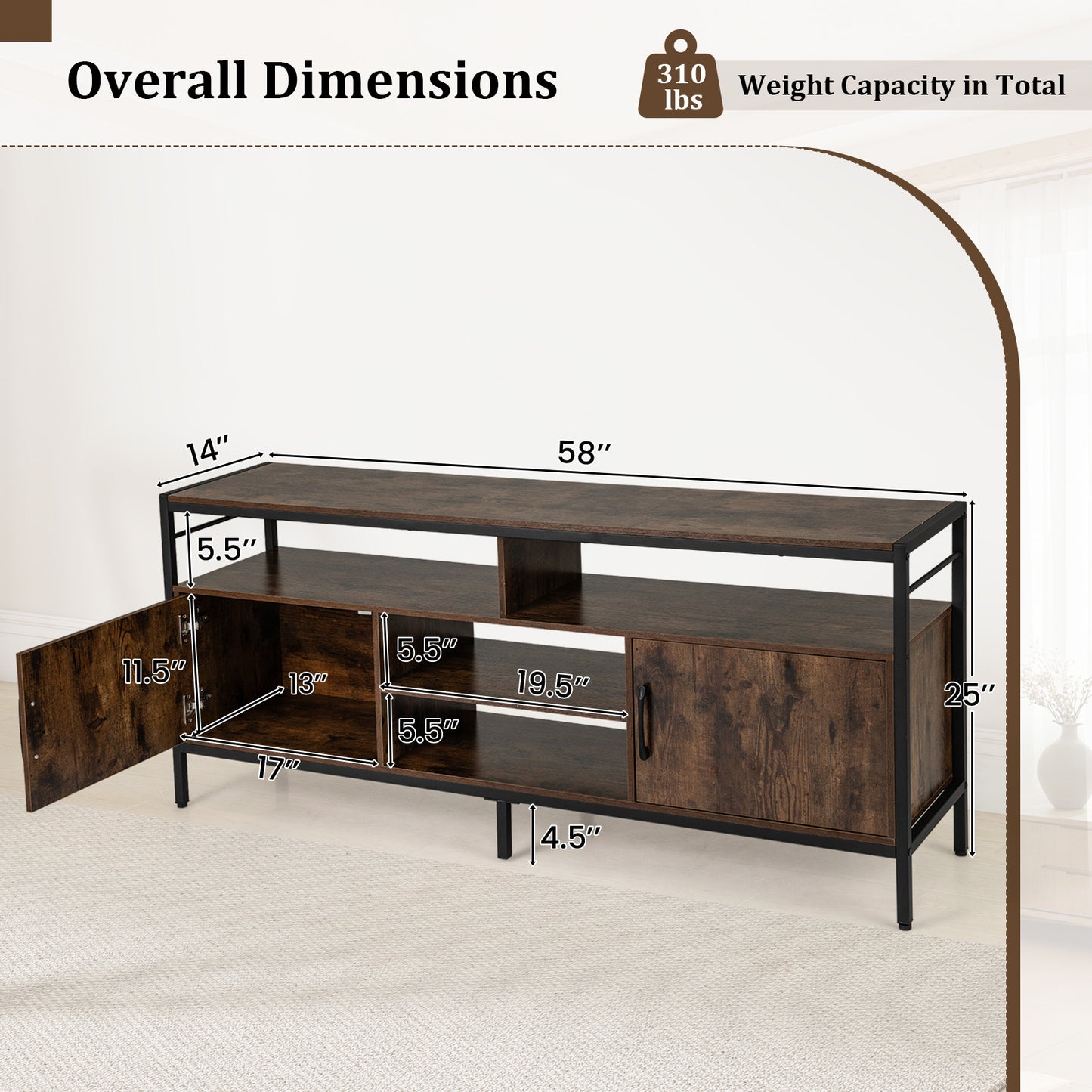 TV Stand for TVs up to 147 cm with 2 Storage Cabinets and 4 Open Shelves-Rustic Brown