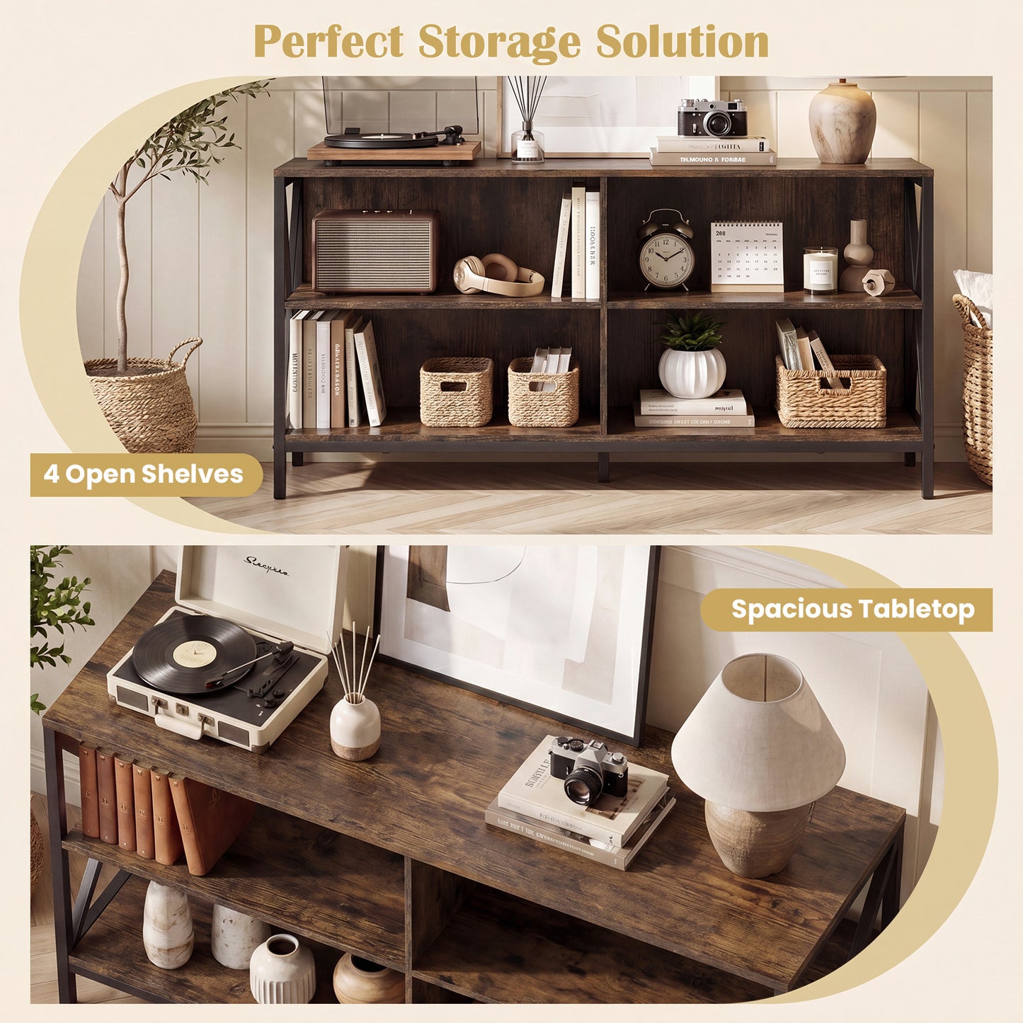 TV Stand for TVs up to 55" with 4 Open Shelves & Raised Metal Legs for Living Room-Rustic Brown