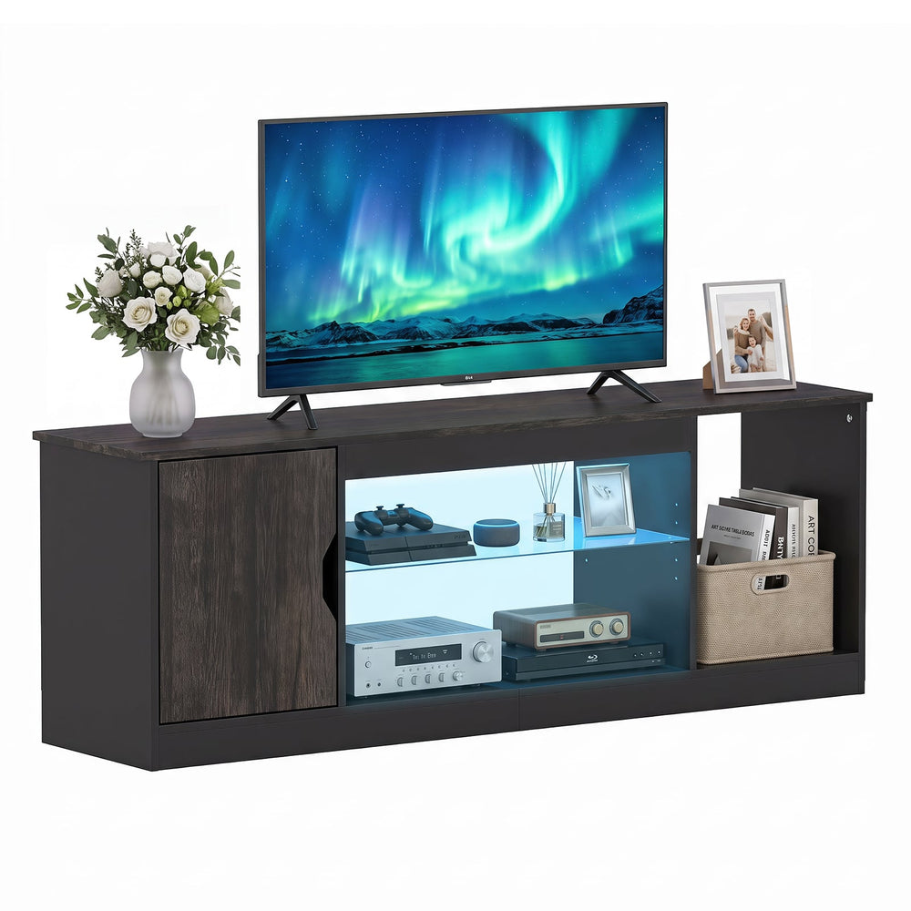 TV Stand with LED Light Strip & Adjustable Glass Shelf for TVs up to 65"-Black