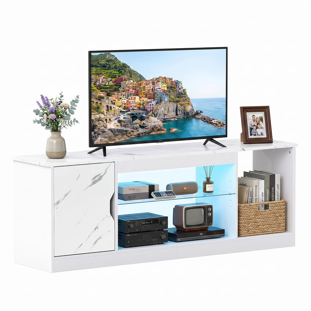 TV Stand with LED Light Strip & Adjustable Glass Shelf for TVs up to 65"-White
