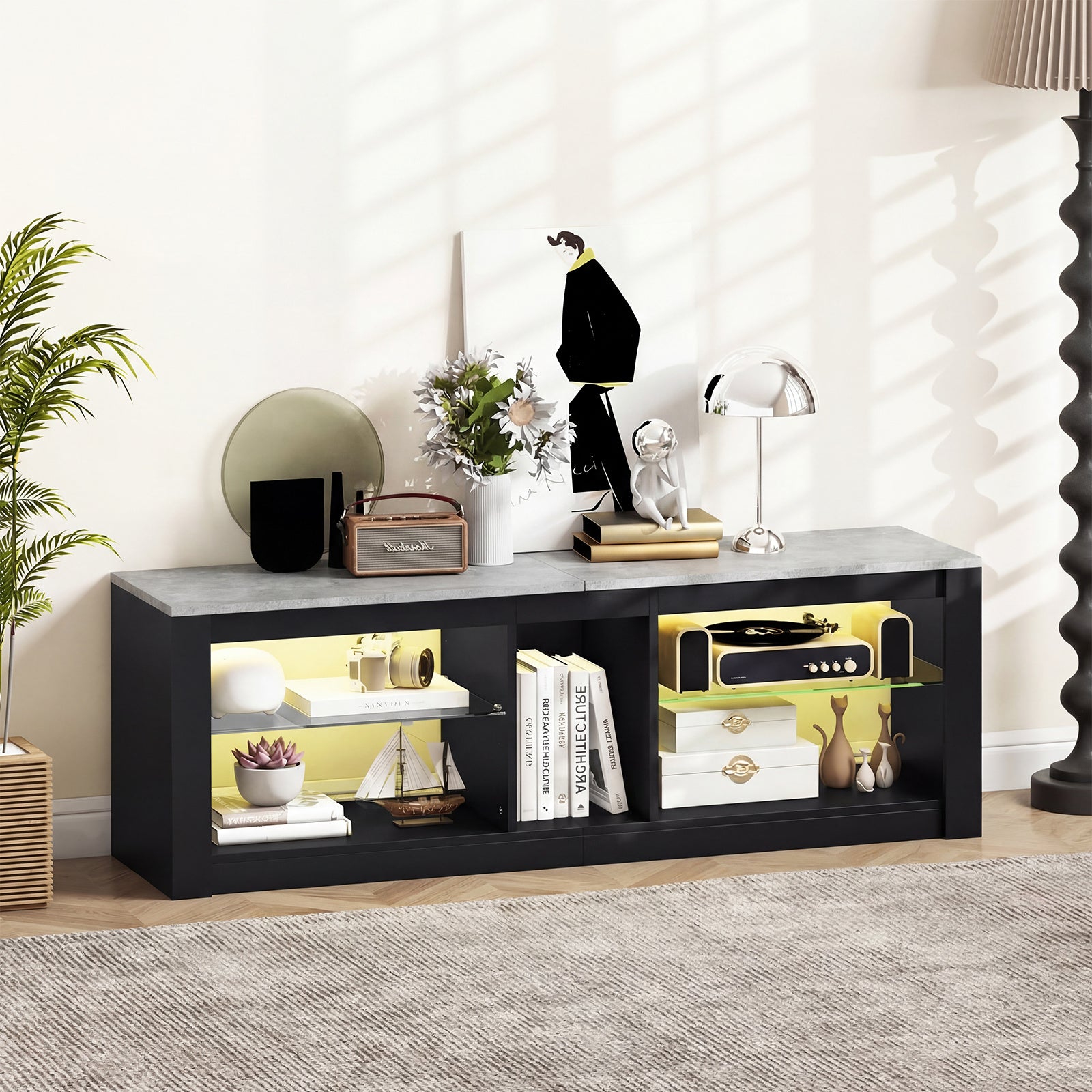 TV Stand with LED Light for TVs up to 65 inch with Adjustable Tempered Glass Shelves-Grey