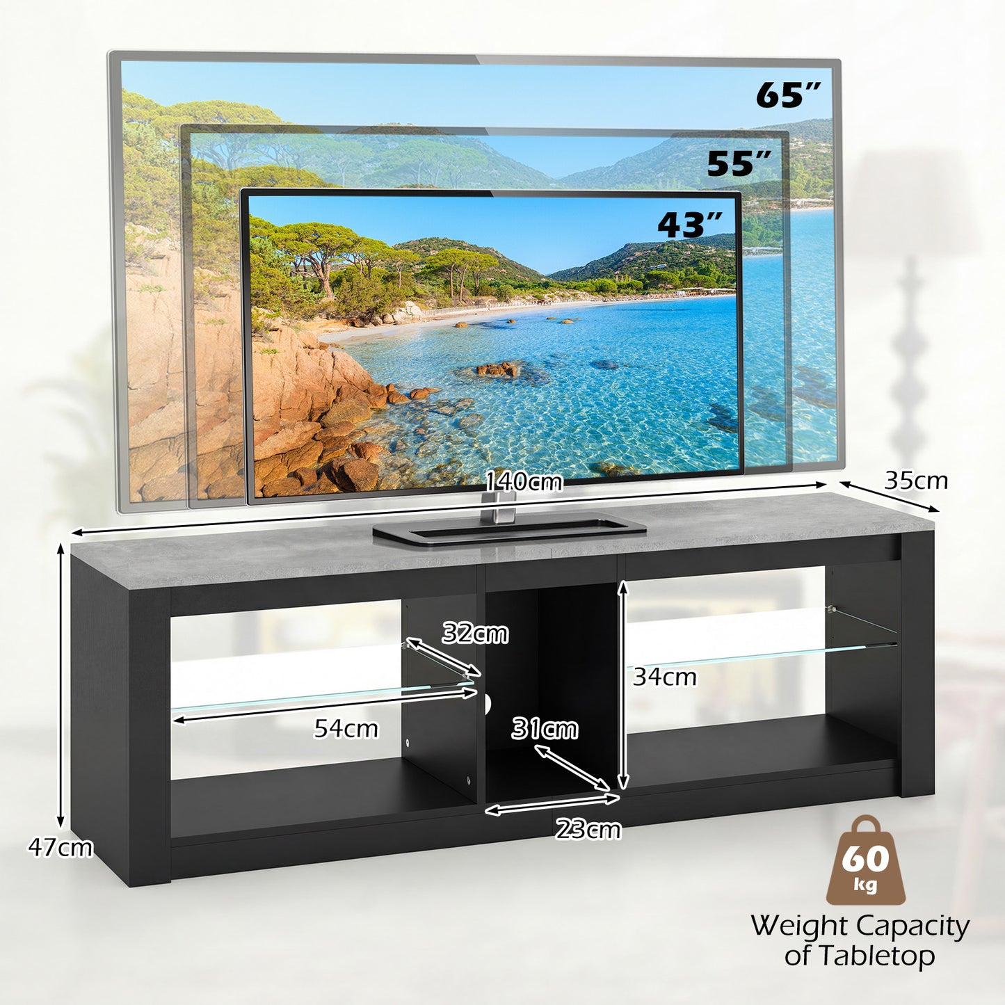 TV Stand with LED Light for TVs up to 65 inch with Adjustable Tempered Glass Shelves-Grey
