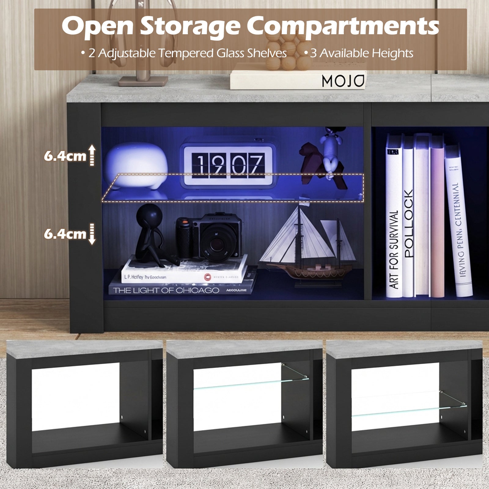 TV Stand with LED Light for TVs up to 65 inch with Adjustable Tempered Glass Shelves-Grey
