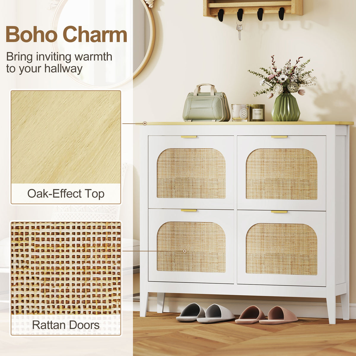 HOMCOM Narrow Shoe Cabinet, Boho Slim Shoe Storage Cabinet with 4 Flip Drawers, Holds 20 Pairs, White