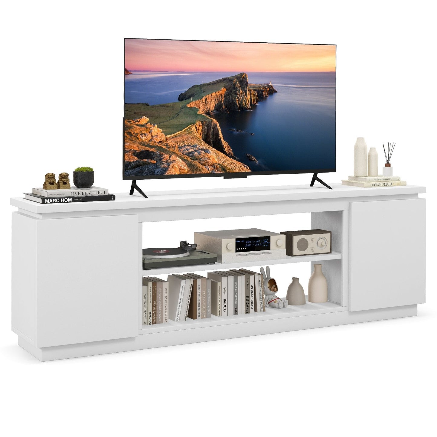 TV Cabinet for TVs up to 80 Inch Media Console Table with 3 Adjustable Shelves-White
