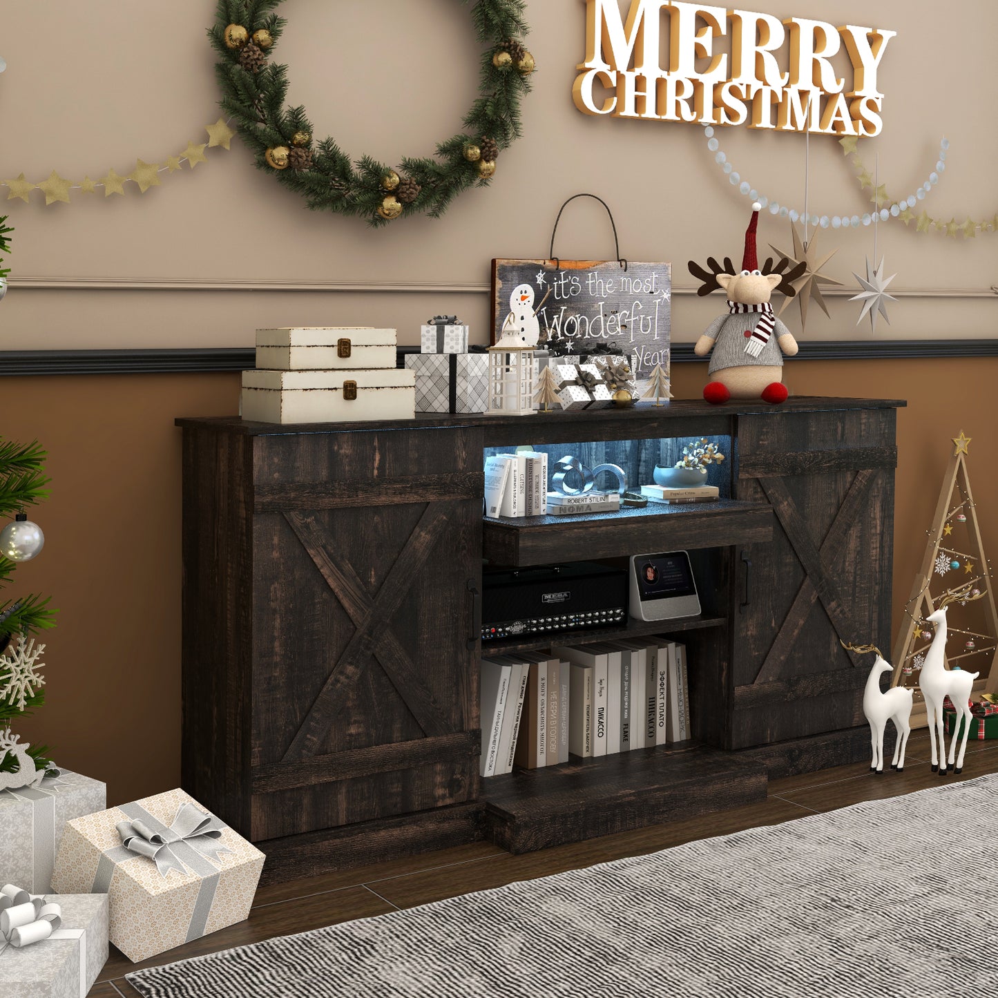 TV Cabinet with 3-Level Shelves for TVs up to 68 Inch-Oak