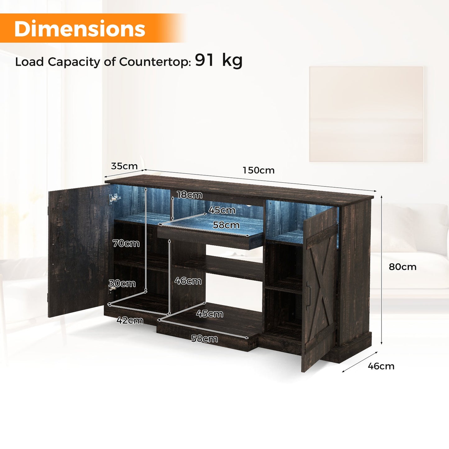 TV Cabinet with 3-Level Shelves for TVs up to 68 Inch-Oak
