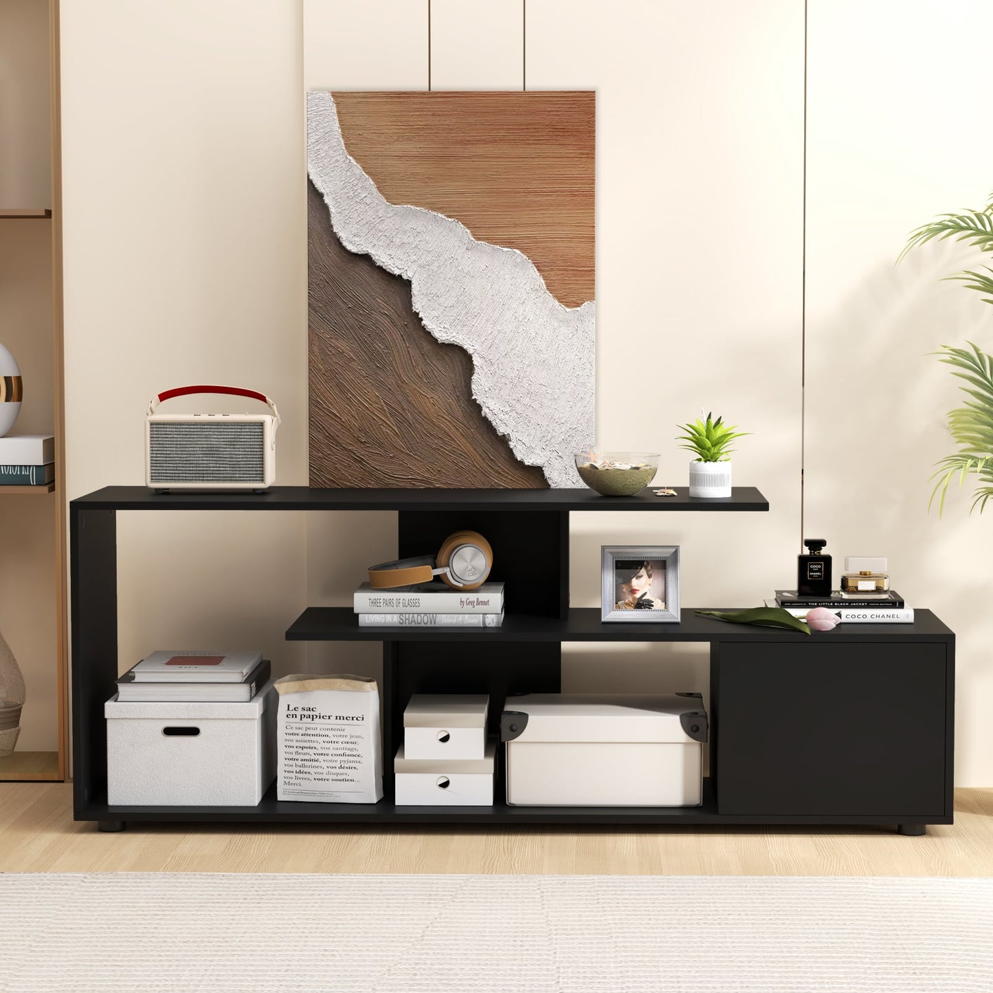 3-Tier Asymmetrical Media Console Table with Storage Shelves and Cabinet-Black
