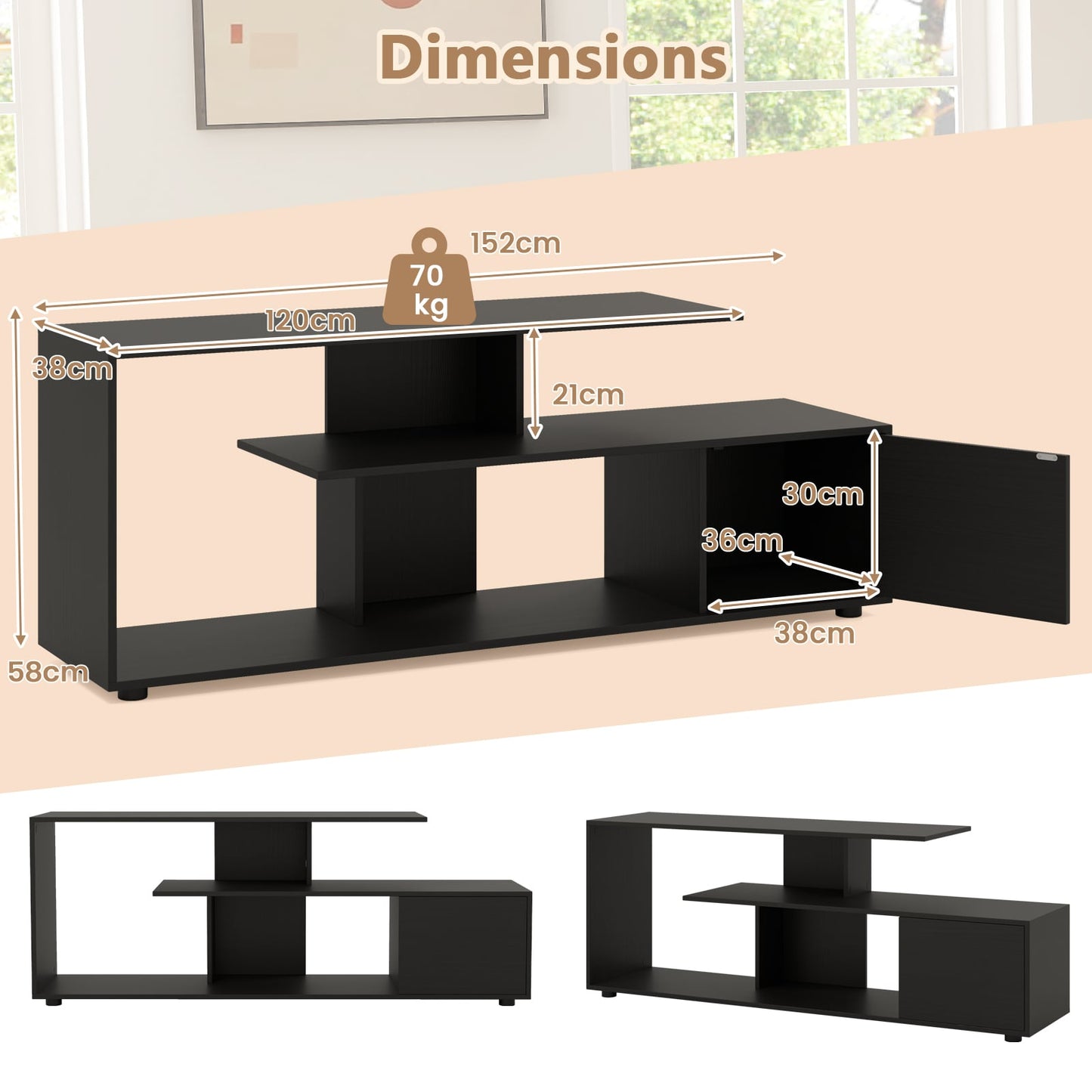 3-Tier Asymmetrical Media Console Table with Storage Shelves and Cabinet-Black