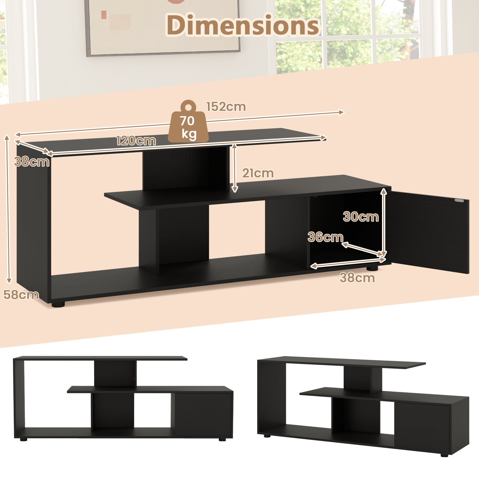 3-Tier Asymmetrical Media Console Table with Storage Shelves and Cabinet-Black