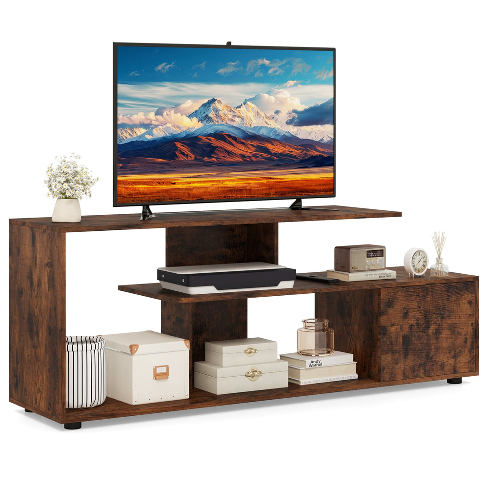 3-Tier Asymmetrical Media Console Table with Storage Shelves and Cabinet-Rustic Brown