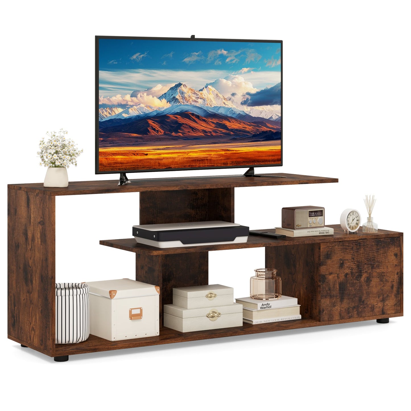 3-Tier Asymmetrical Media Console Table with Storage Shelves and Cabinet-Rustic Brown