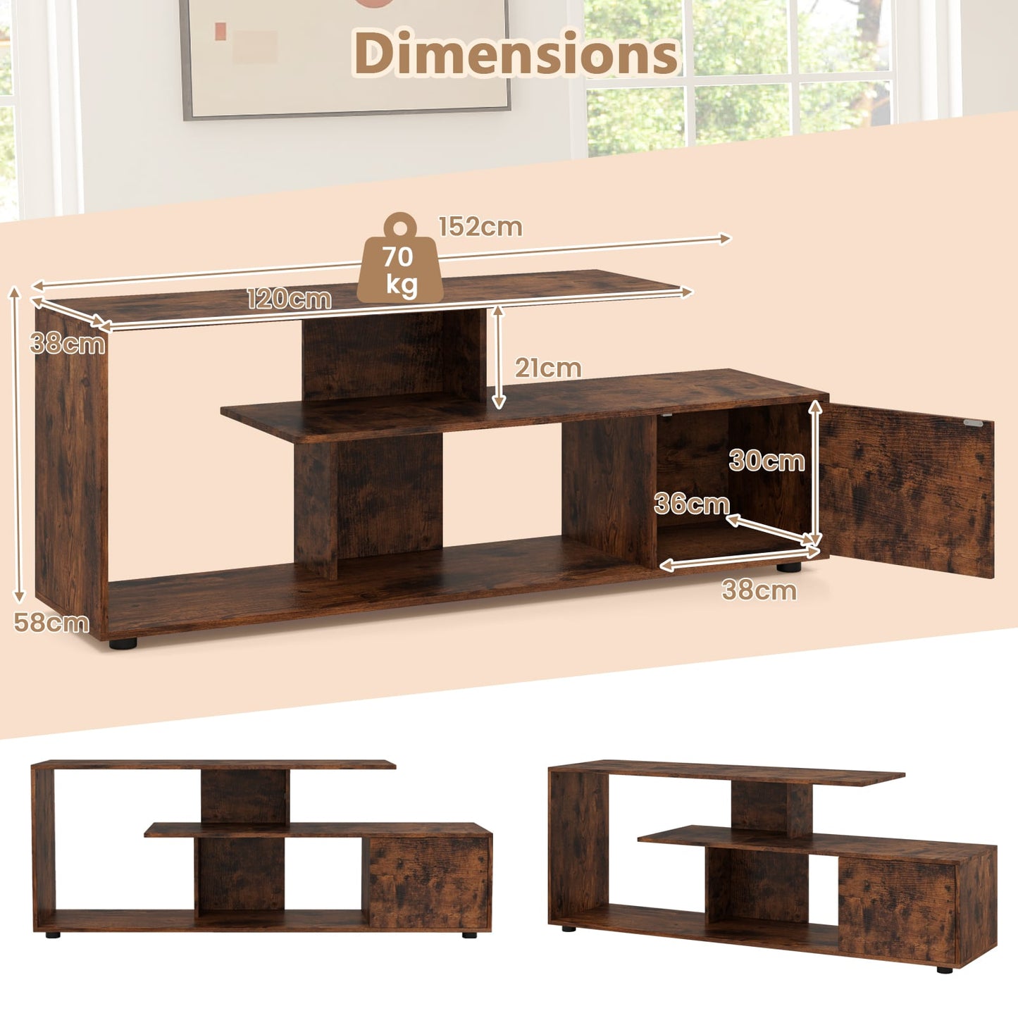 3-Tier Asymmetrical Media Console Table with Storage Shelves and Cabinet-Rustic Brown