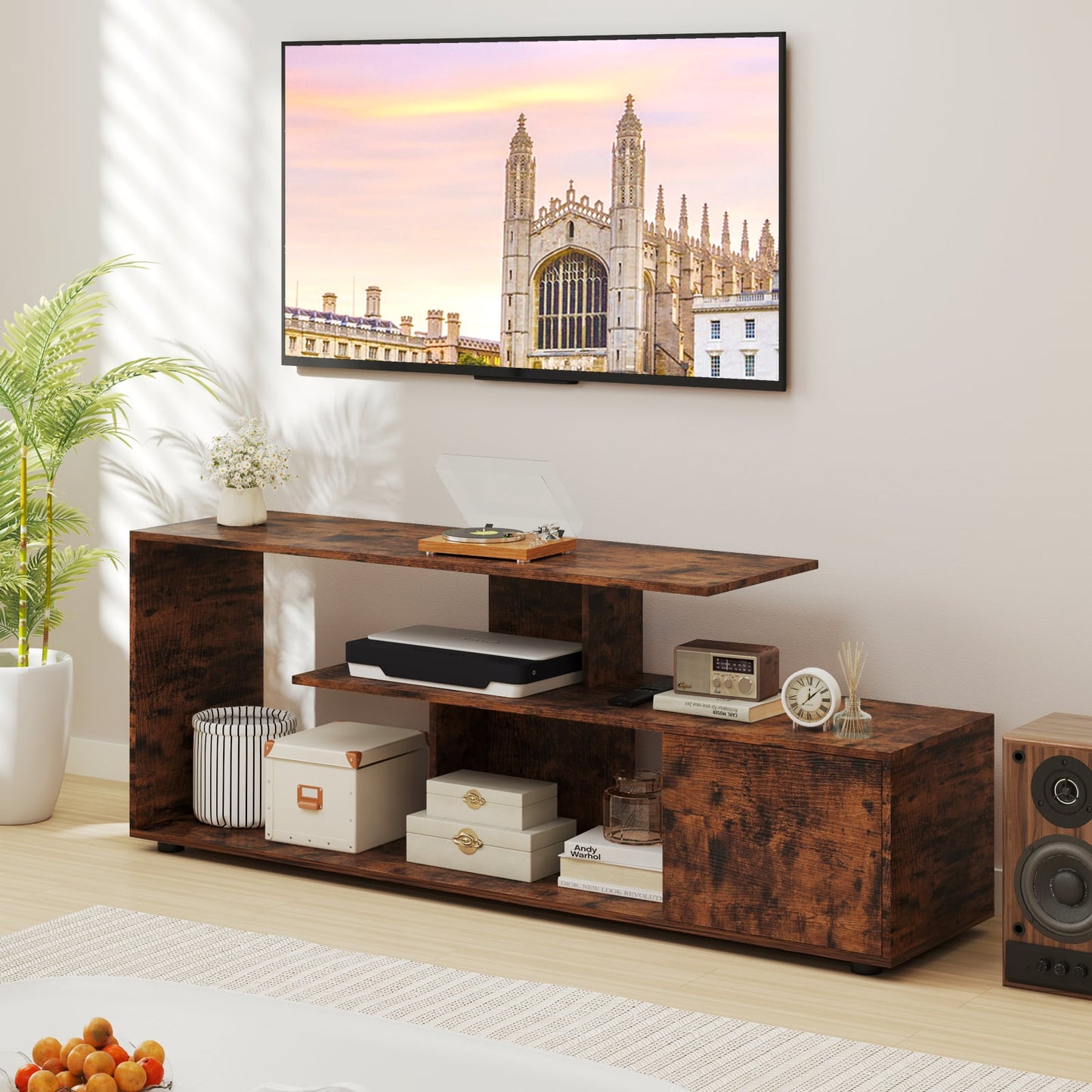 3-Tier Asymmetrical Media Console Table with Storage Shelves and Cabinet-Rustic Brown