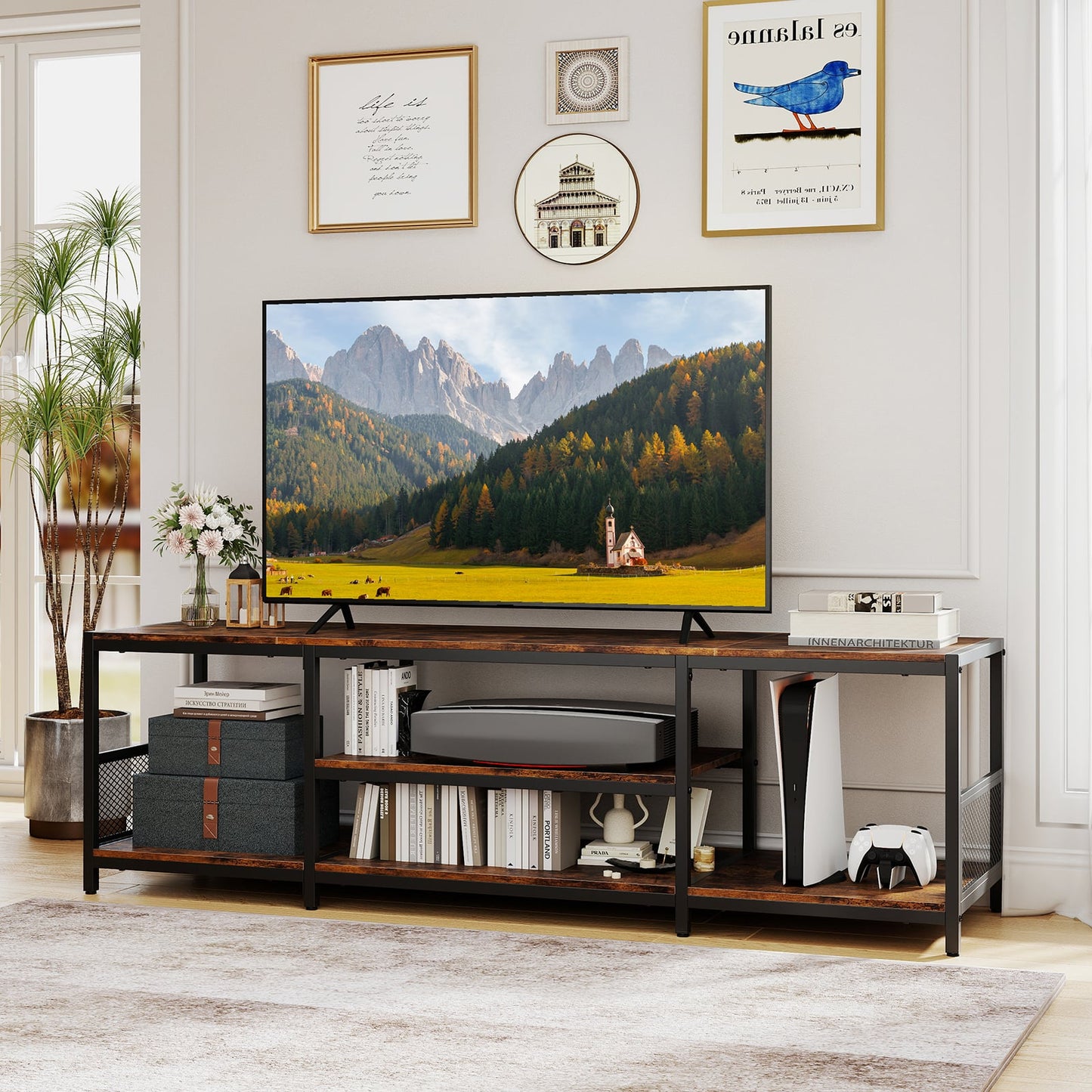 TV Stand for TVs up to 65 Inches with Open Storage Shelves-Rustic Brown
