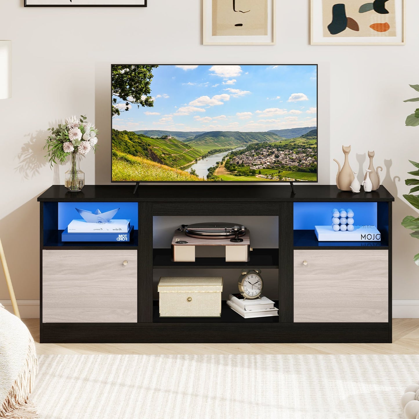 TV Stand with Adjustable Shelf and Open Compartment-Black