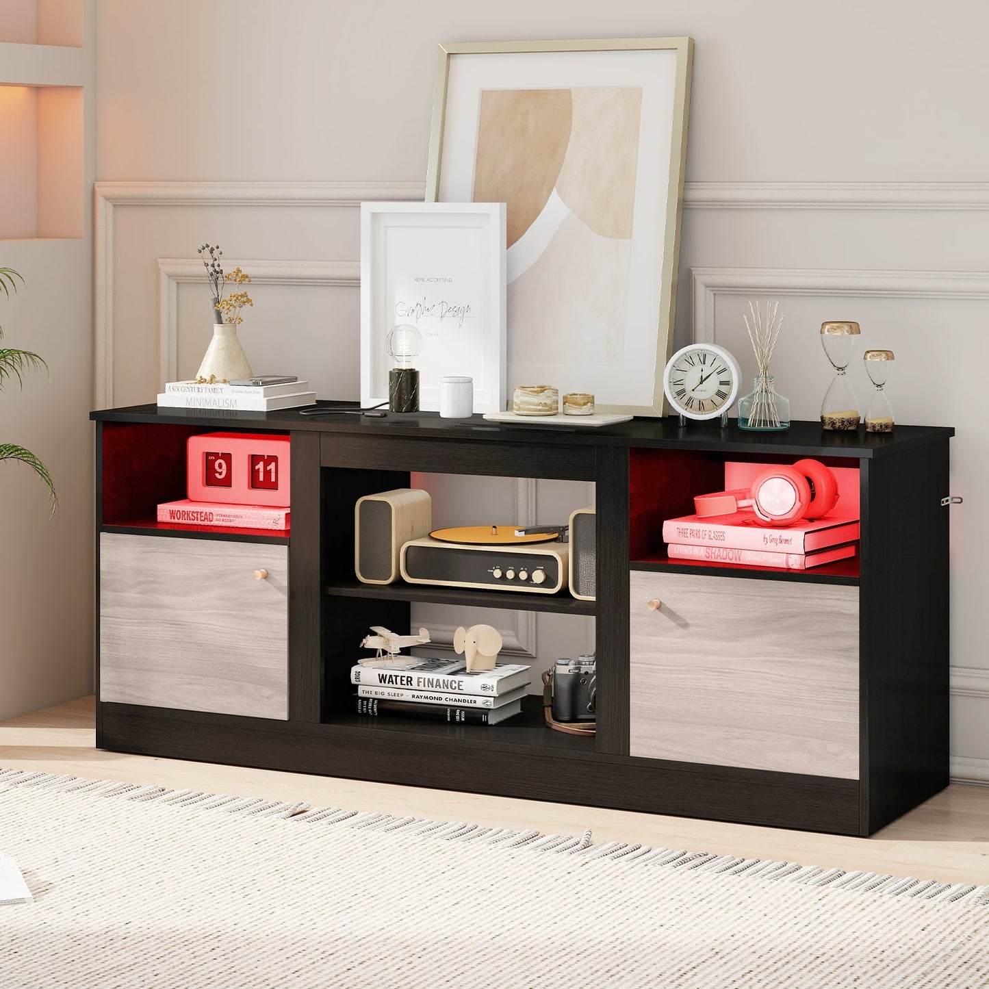 TV Stand with Adjustable Shelf and Open Compartment-Black