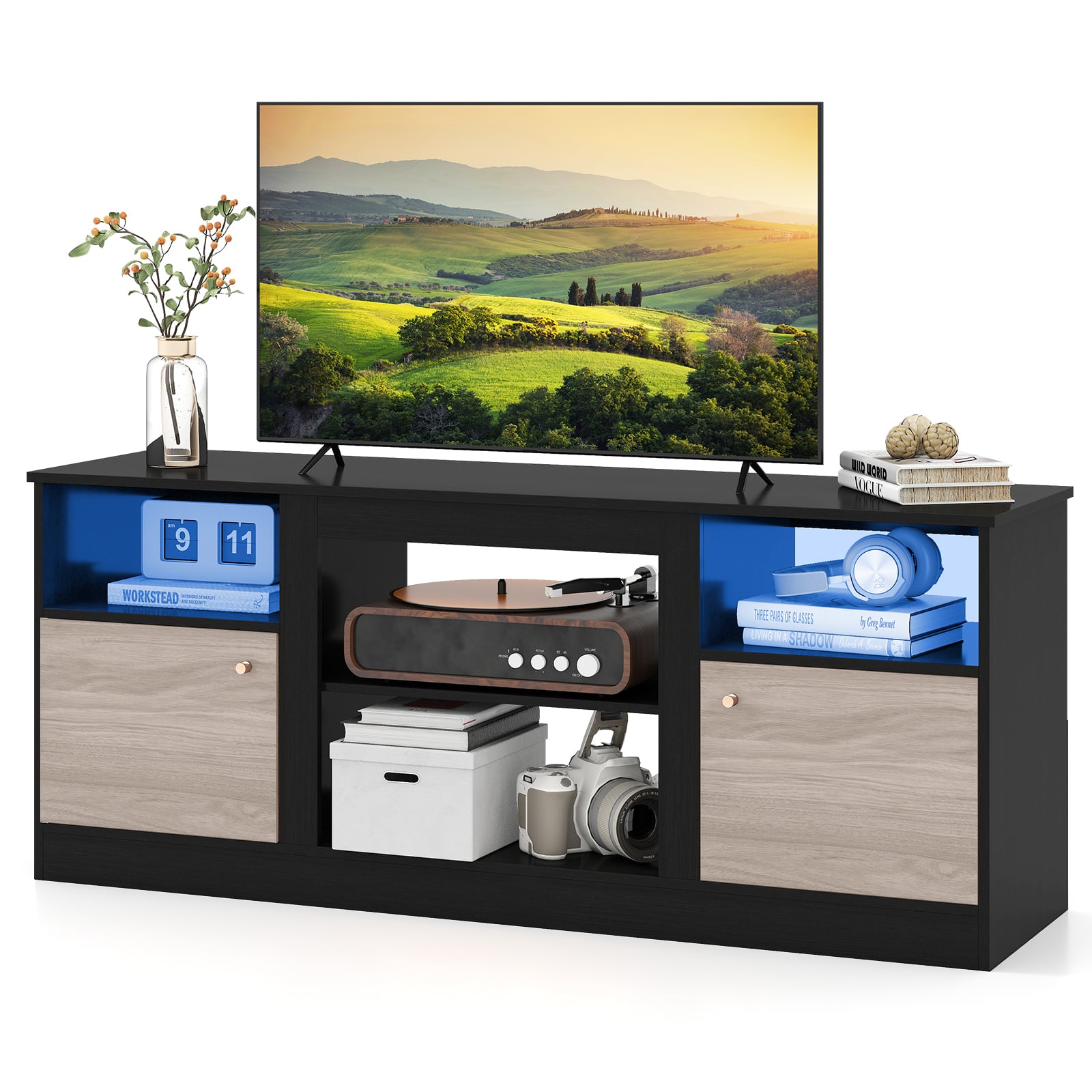 TV Stand with Adjustable Shelf and Open Compartment-Black