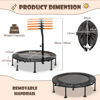 110 CM Mini Trampoline Bounce with Height Adjustable Handrail-Orange