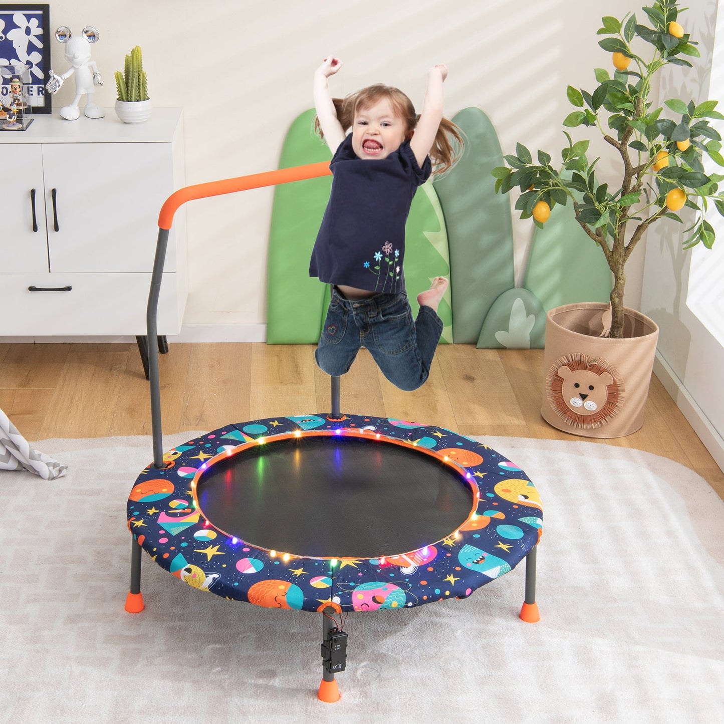 Mini Trampoline for Children with LED Lights and Padded Safety Handle-Multicolor