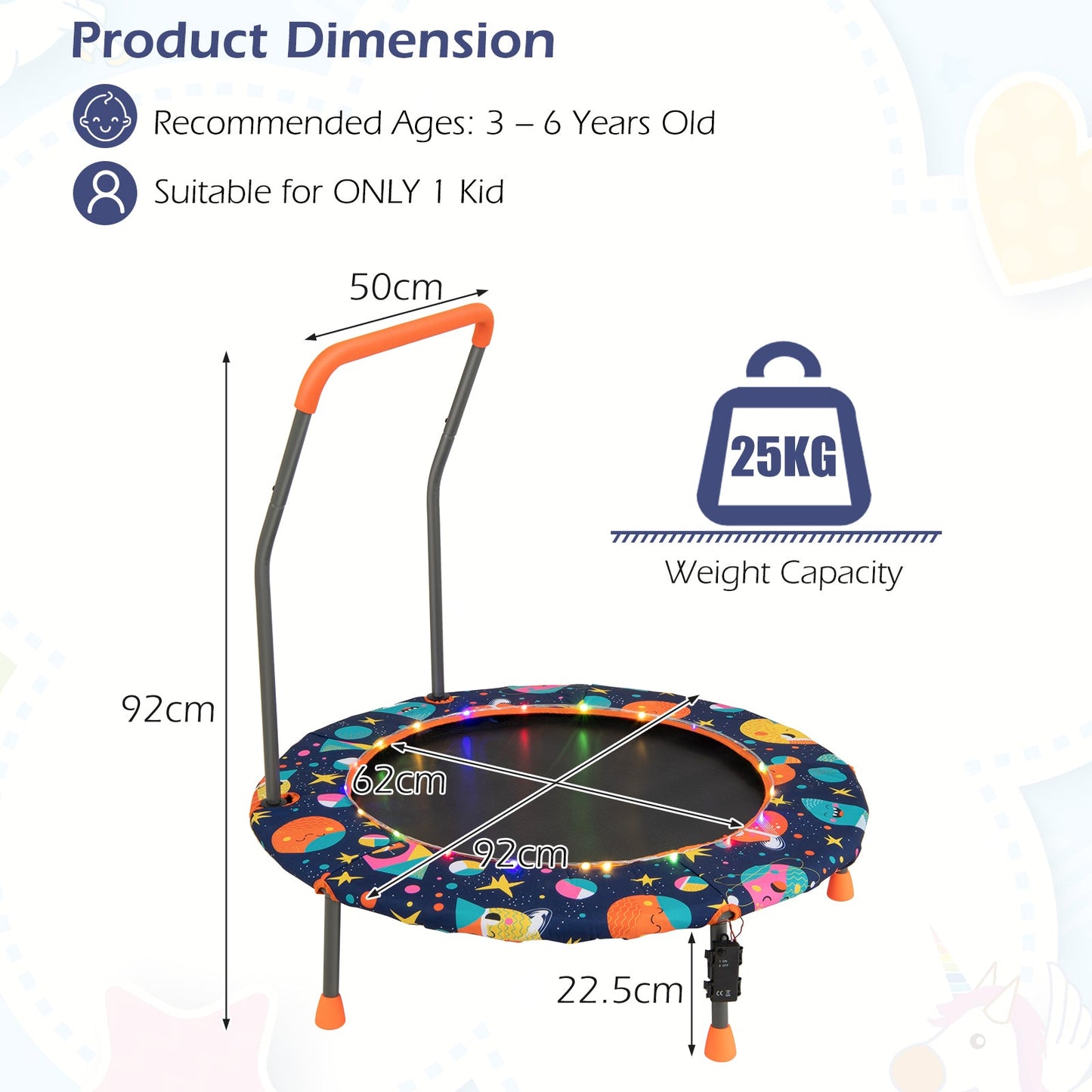 Mini Trampoline for Children with LED Lights and Padded Safety Handle-Multicolor