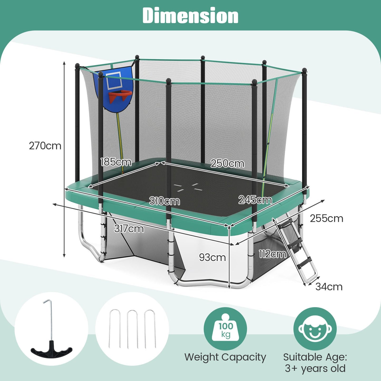 Rectangle Outdoor Trampoline 317 x 255 cm Backyard Trampoline-Green