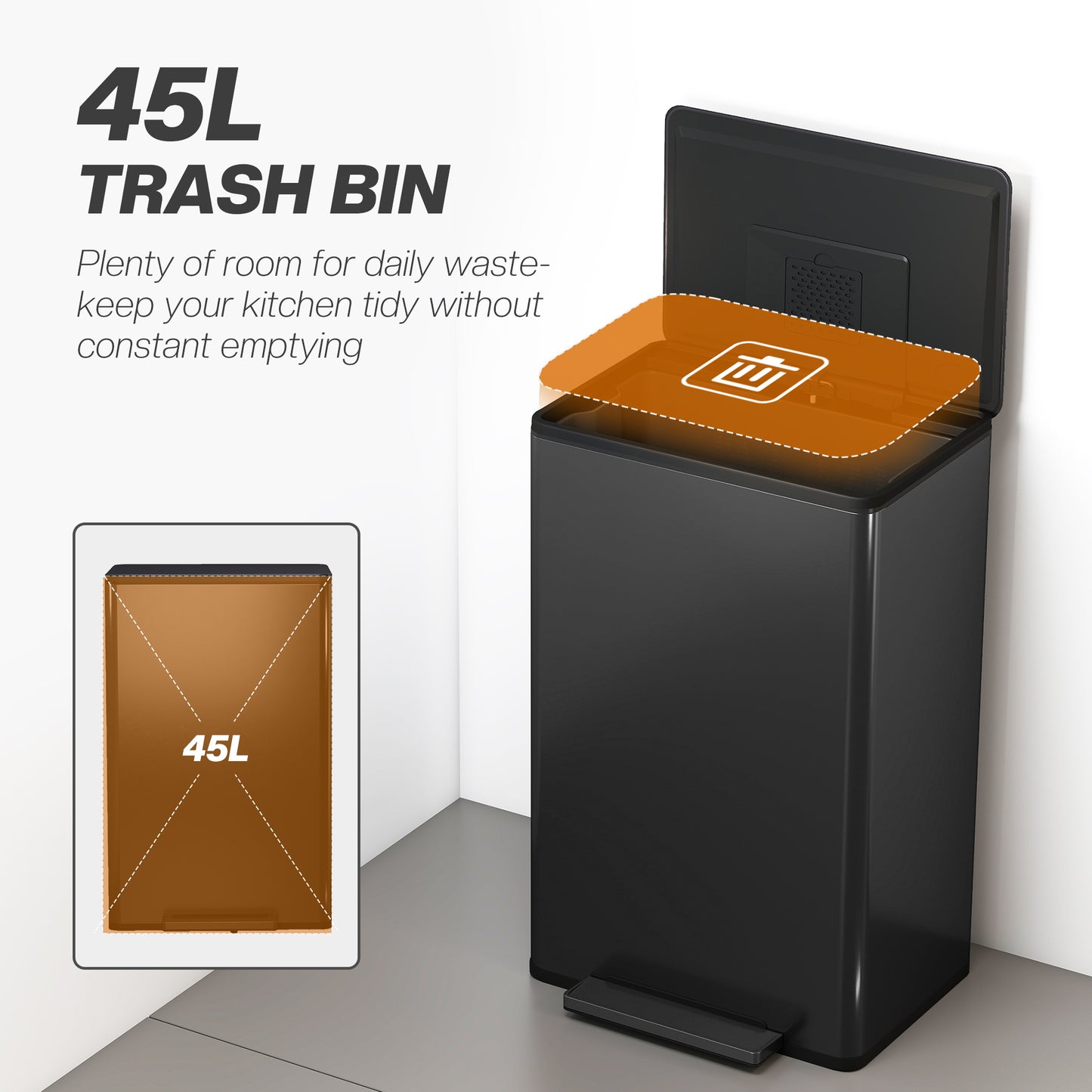 HOMCOM 45L Kitchen Bin, Pedal Bin with Soft-Close and Stay-Open Lid, Removable Inner Bucket, Odor Control for Kitchen, Office