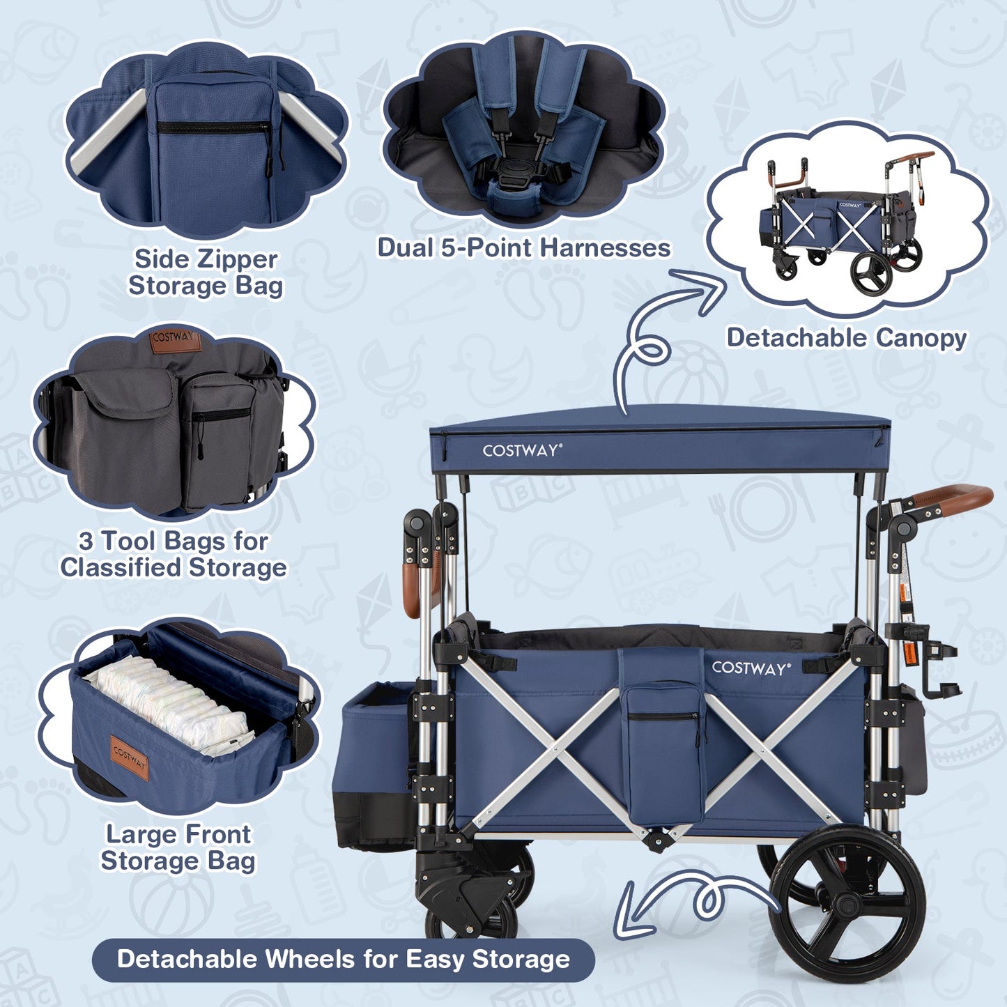 Twin Baby Double Stroller Wagon Push Pull Stroller-Blue