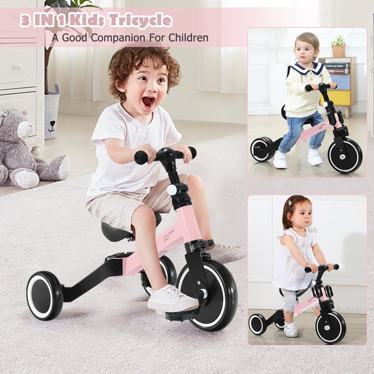 Convertible Balance Bike Kids Trike with Detachable Pedal for 1-4 Years Old Kids-Pink