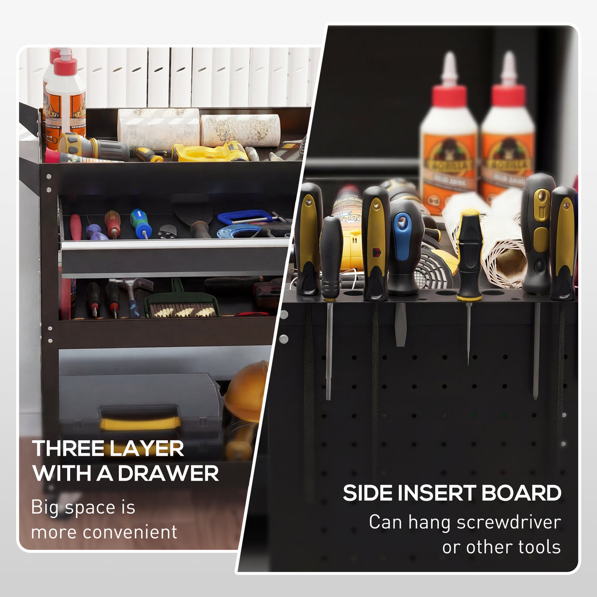 DURHAND 3-Tier Tool Trolley Cart Storage Shelf Roller Cabinet DIY Box Garage Workshop with Drawer Black