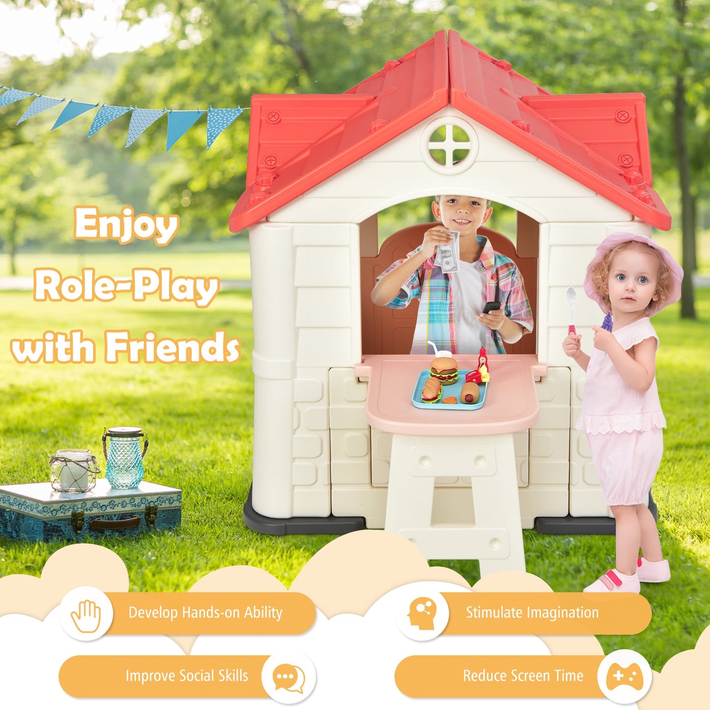 Outdoor Cottage Pretend Play Center with Picnic Table and Food Toy Set-Pink
