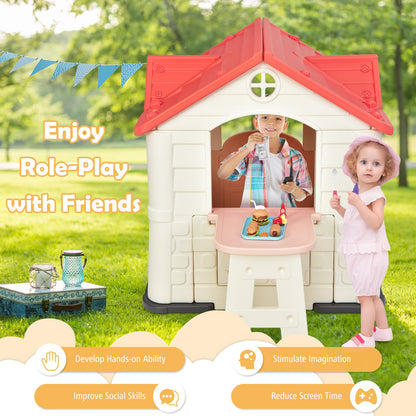 Outdoor Cottage Pretend Play Center with Picnic Table and Food Toy Set-Pink