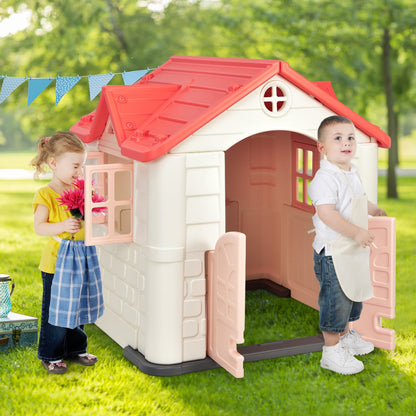 Outdoor Cottage Pretend Play Center with Picnic Table and Food Toy Set-Pink