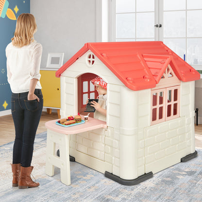 Outdoor Cottage Pretend Play Center with Picnic Table and Food Toy Set-Pink