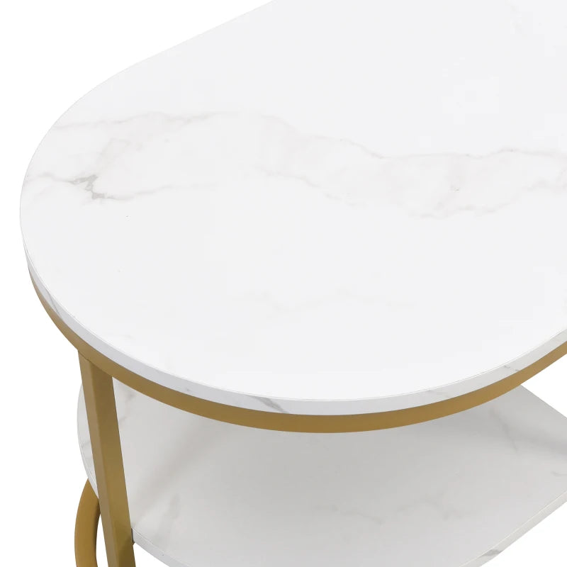 Oval Coffee Table with Marble Look, Golden Iron Frame, Drawers, and Shelves, 100x50x45 cm, White