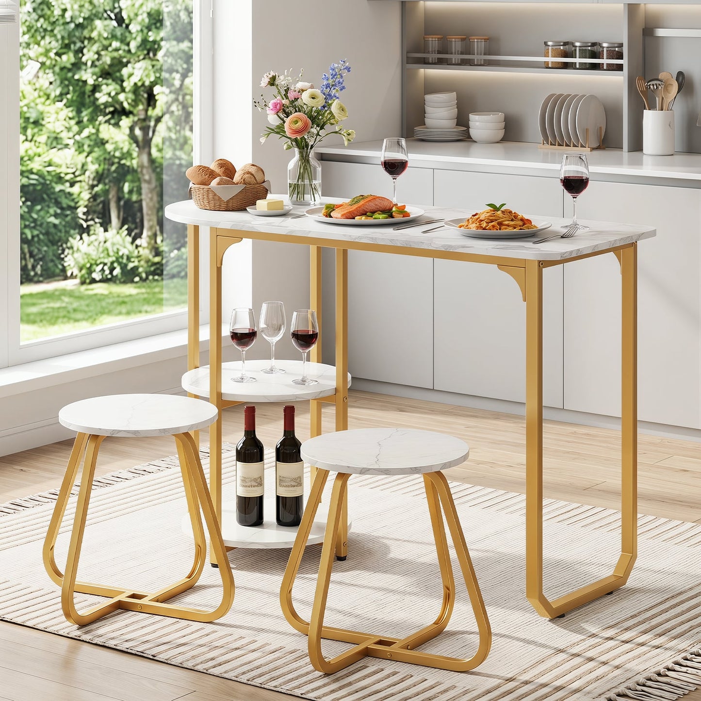 Table and 2 Bar Stools Set with Adjustable Legs for Kitchen-White