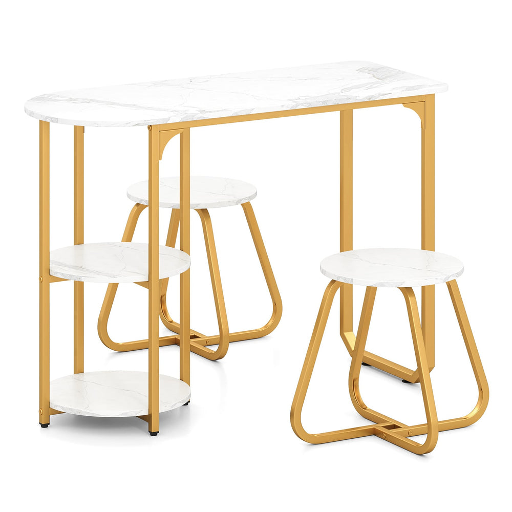 Table and 2 Bar Stools Set with Adjustable Legs for Kitchen-White