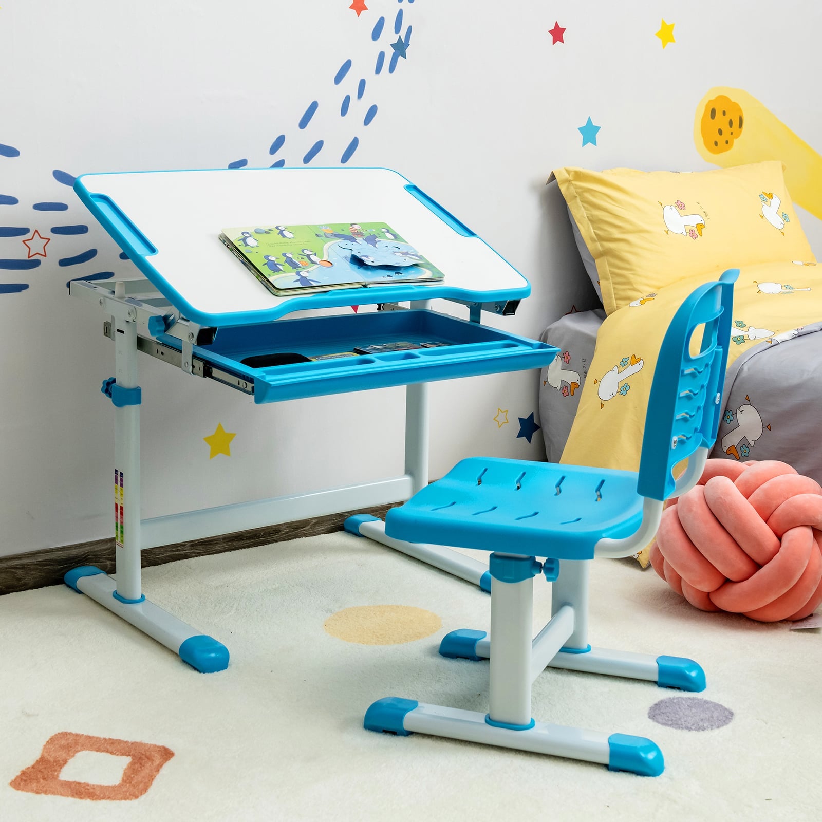 Height Adjustable Kids Study Table and Chair Set with Tilting Tabletop-Blue