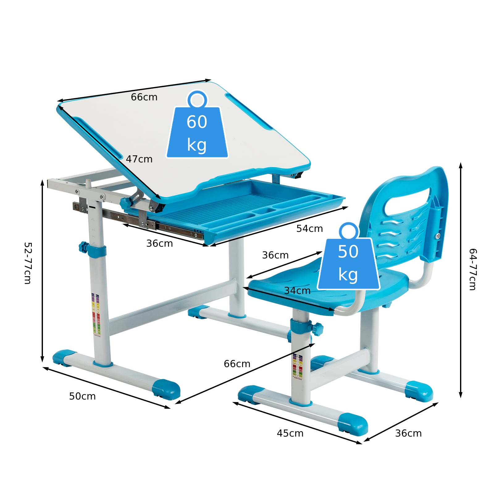Height Adjustable Kids Study Table and Chair Set with Tilting Tabletop-Blue