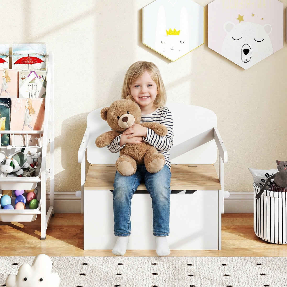 3-in-1 Kids Table and Chair Set with Toy Storage Box-Natural & White