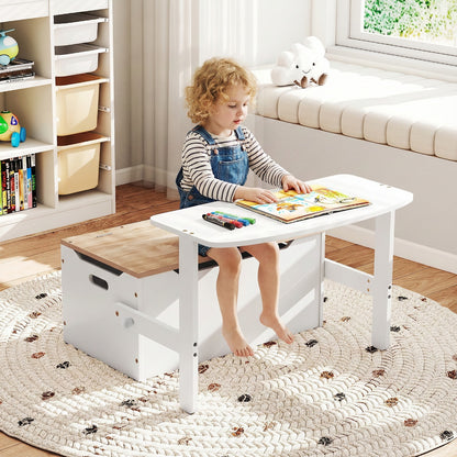3-in-1 Kids Table and Chair Set with Toy Storage Box-Natural & White