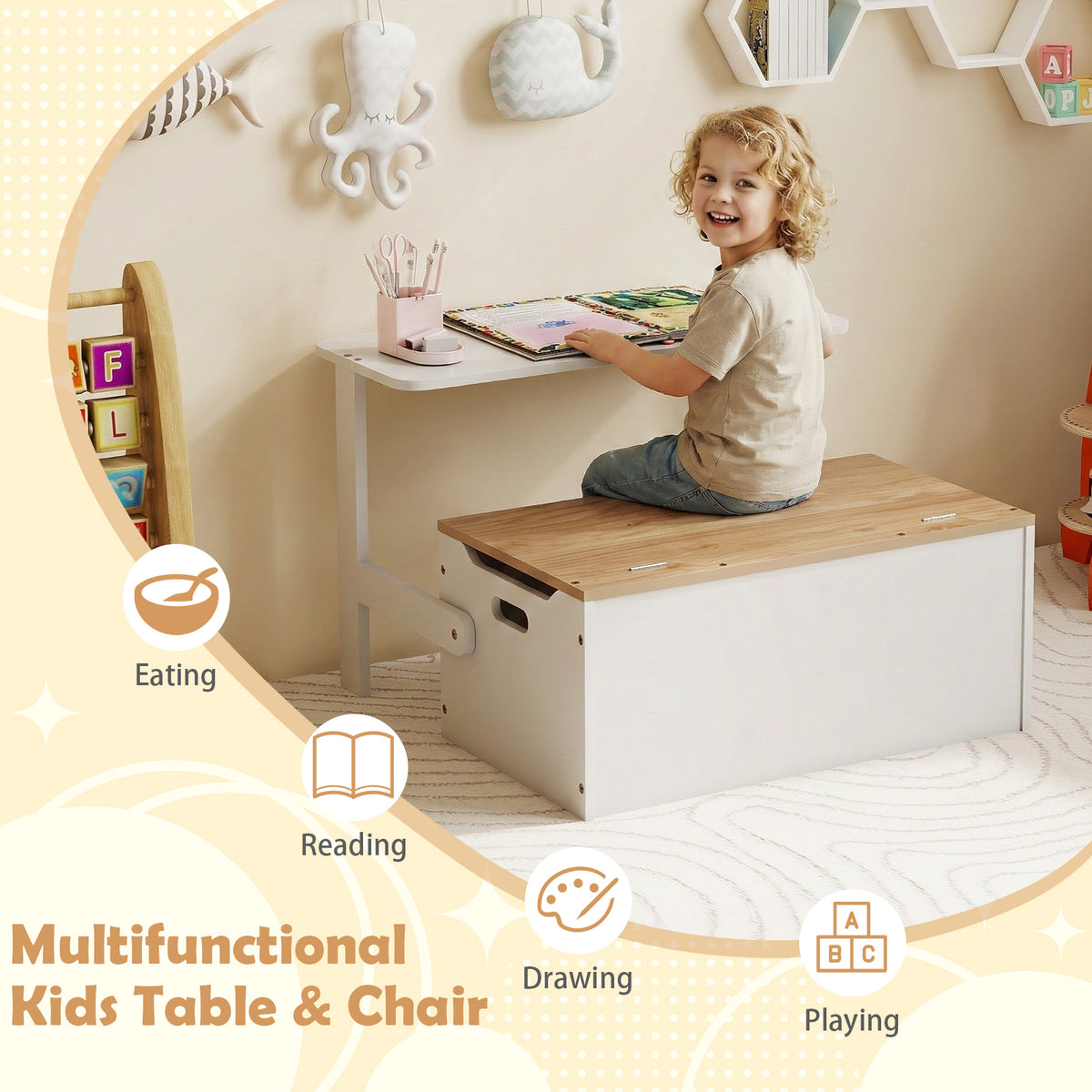 3-in-1 Kids Table and Chair Set with Toy Storage Box-Natural & White