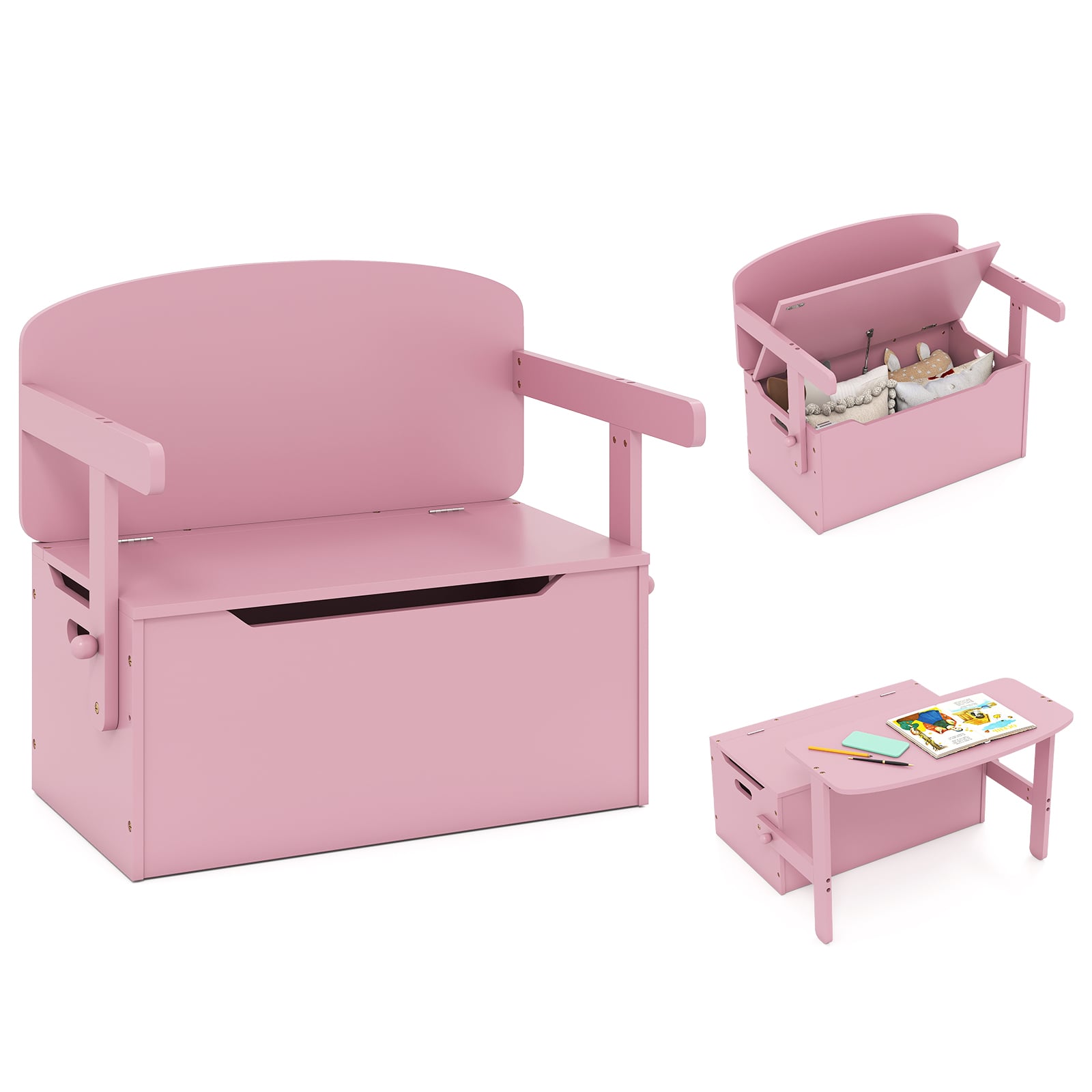 3-in-1 Kids Table and Chair Set with Toy Storage Box-Pink