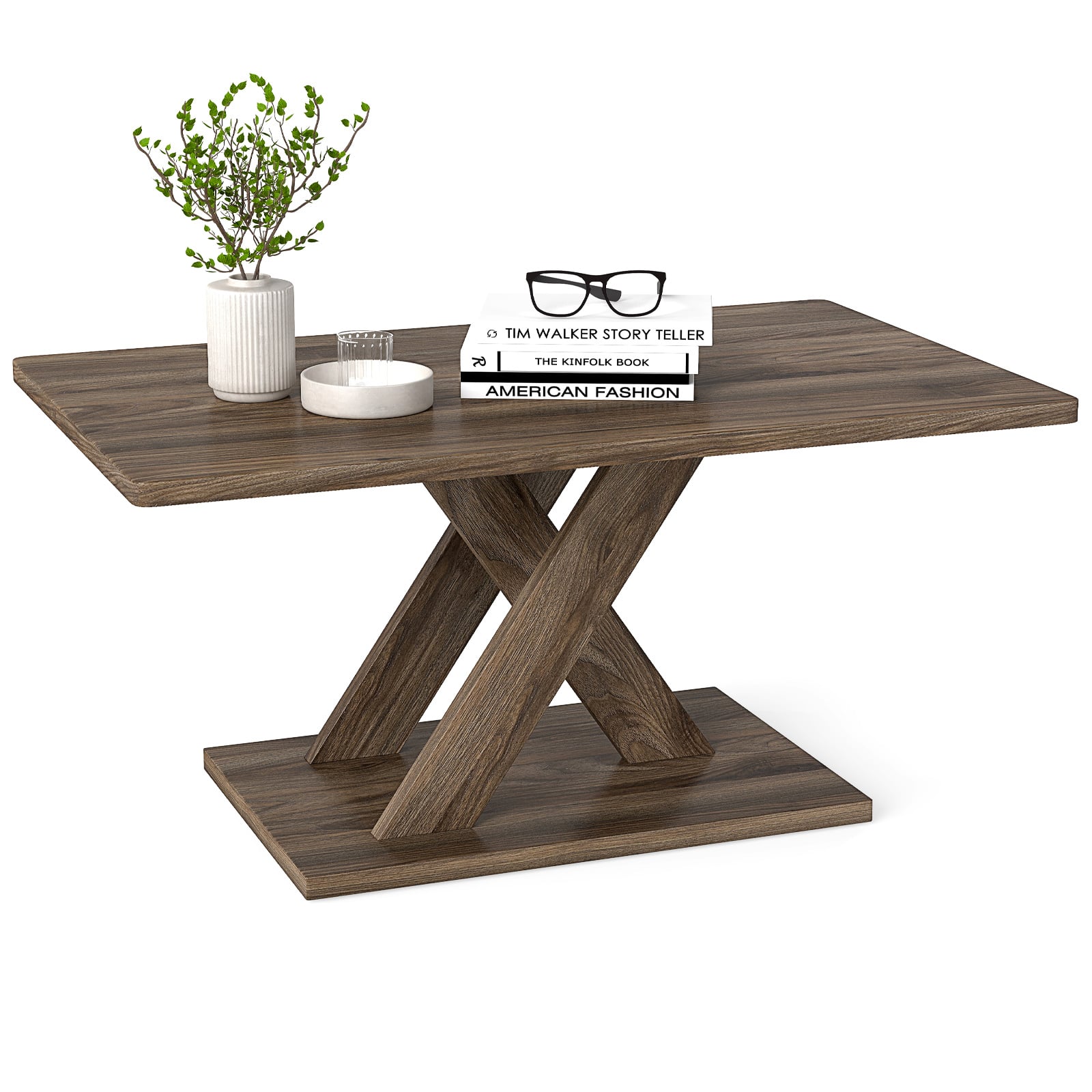 95CM Coffee Table with Stable Base and Rubber Wood Connection-Rustic Brown