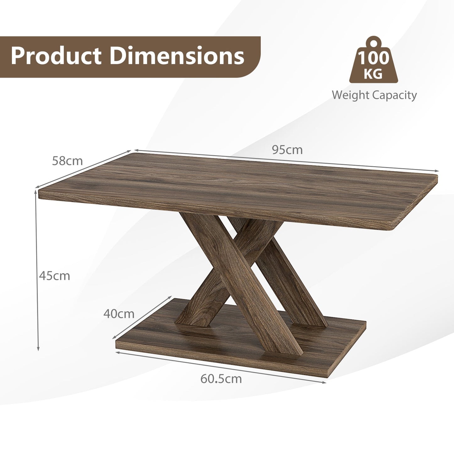 95CM Coffee Table with Stable Base and Rubber Wood Connection-Rustic Brown