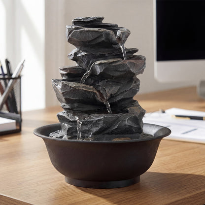Tabletop Water Fountain Indoor Desktop Cascading Water Feature with LED Light