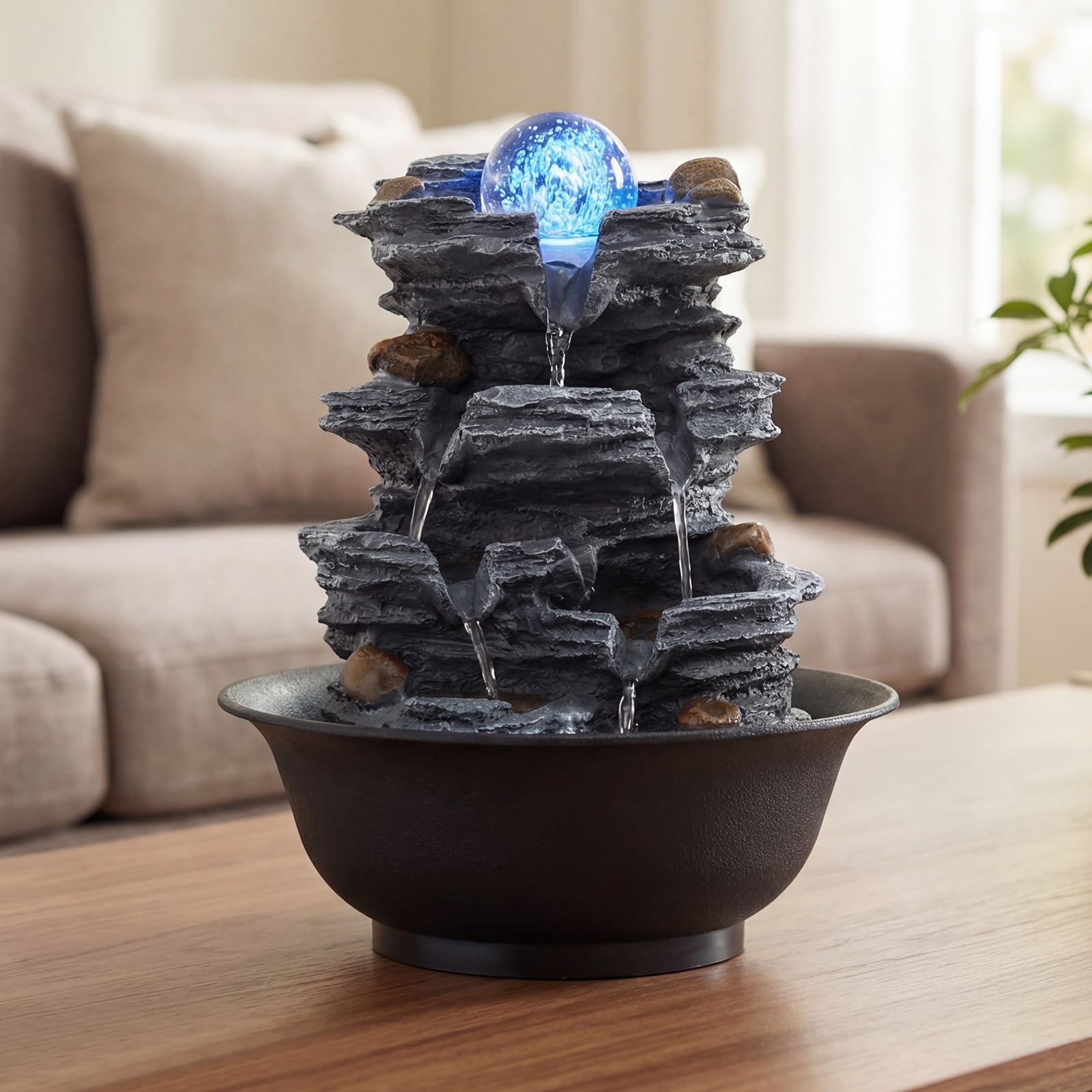 Tabletop Water Fountain with Rolling Crystal Ball Indoor Cascading Water Feature