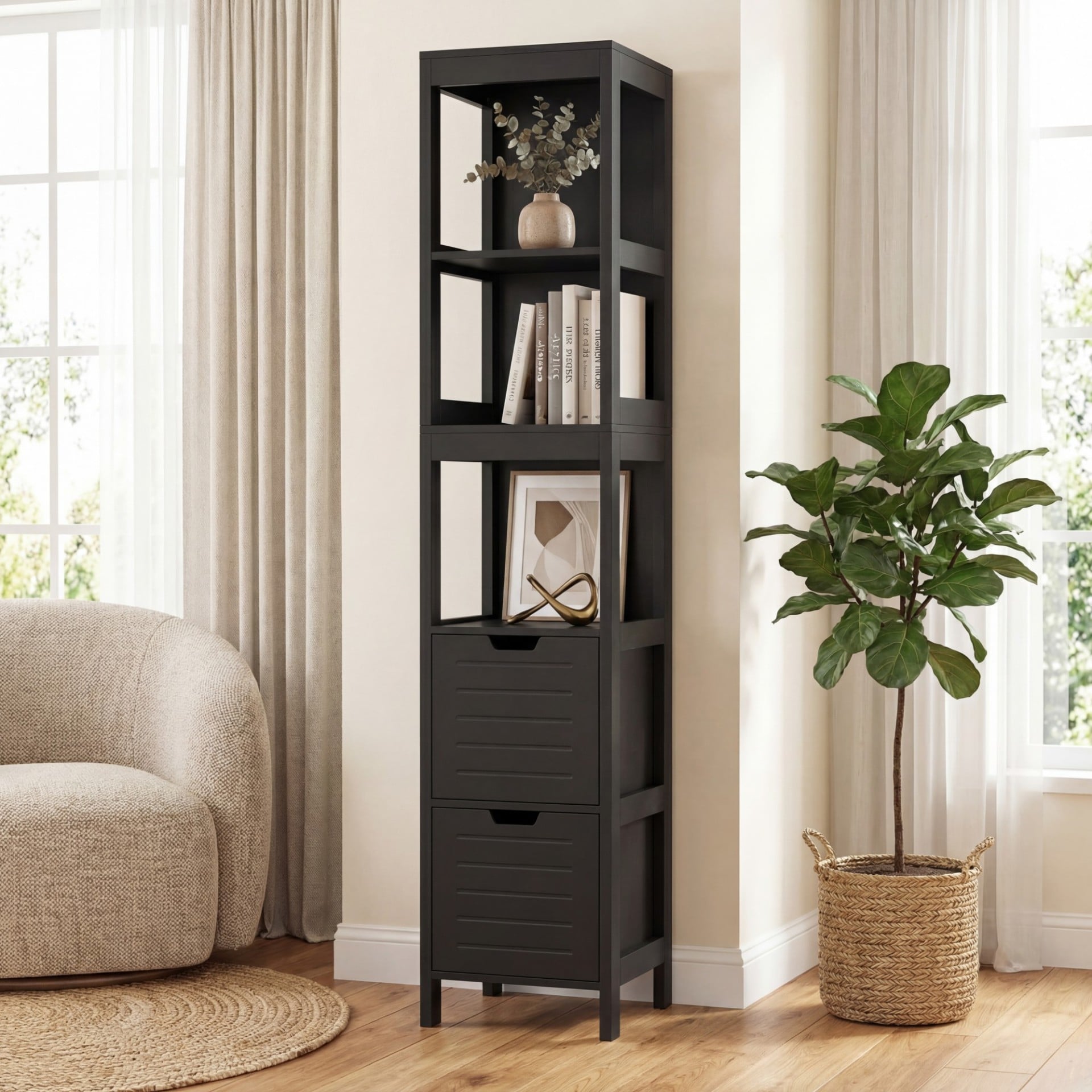Tall Bath Storage Unit with 2 Deep Box Drawers-Black